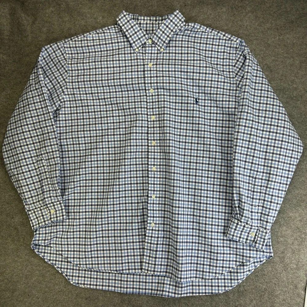Polo Ralph Lauren Button Down Shirt Mens 3XB Blue White Gingham Long Sleeve Logo